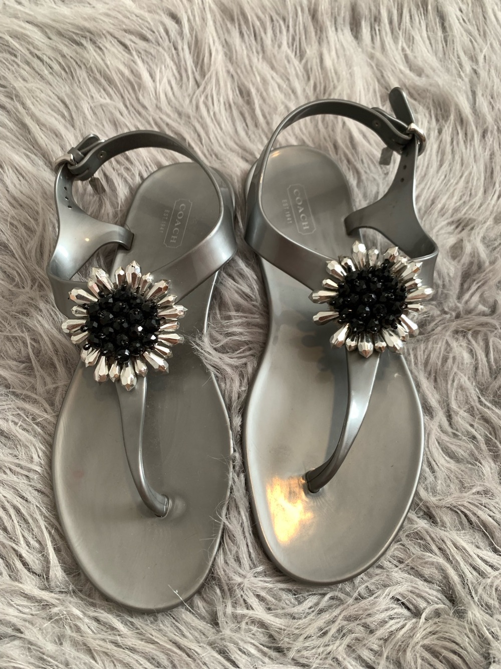 Coach Hilda Jelly Thong y2k Sandals in gray with beaded crystal